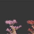 Two Unique Plants with Twisted Trunks Pink Red Flowers Exposed Roots on Black Background Reflections