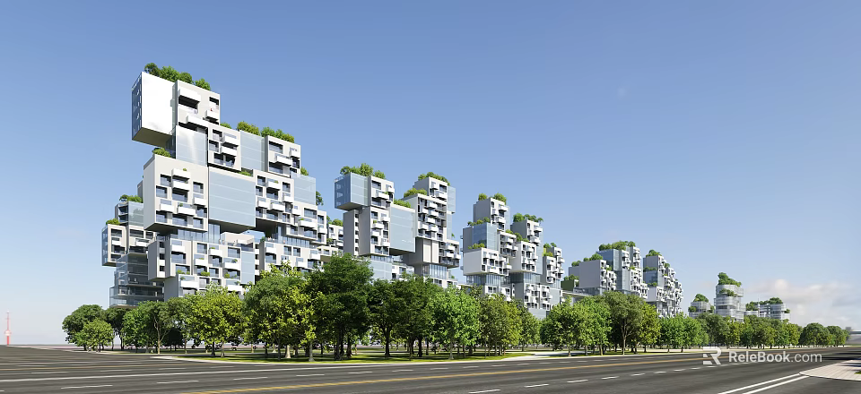 Modern Commercial Complex With Modular Architecture Green Roofs And Front Trees Under Blue Sky 3d model