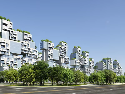 Modern Commercial Complex With Modular Architecture Green Roofs And Front Trees Under Blue Sky 3d model