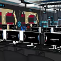 Modern Internet Cafe Interior With Futuristic Blue Lighting High Tech Gaming Computers And Comfortable Seating 3d model