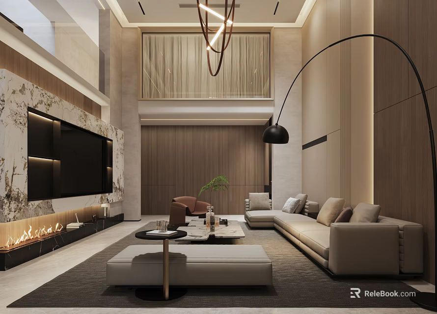 Modern Duplex Living Room Interior with Large Sofa and Elegant Lighting 3d model