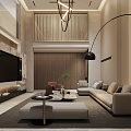 Modern Duplex Living Room Interior with Large Sofa and Elegant Lighting 3d model