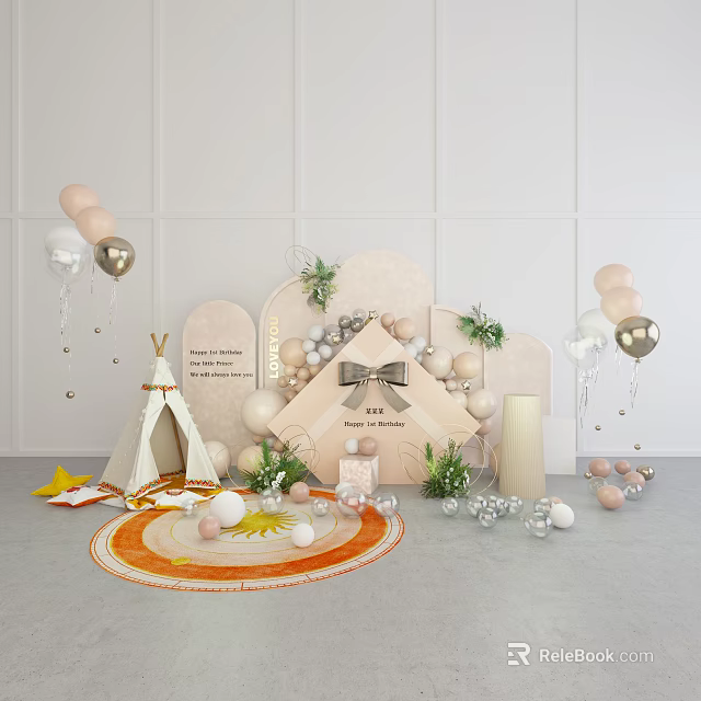 Pastel Balloons Party Decoration with Tepee Gift Box Green Plants and Rug 3d model 