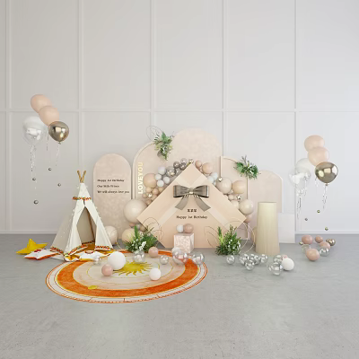 Pastel Balloons Party Decoration with Tepee Gift Box Green Plants and Rug 3d model