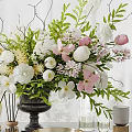 Decorative Ornament Set With Floral Arrangement Greenery Golden Accents Books Fragrance Bottles And Tray