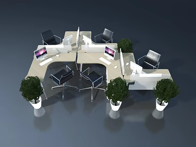 Modern Office Swing Door Design With L shaped Desks Chairs And Potted Plants 3d model