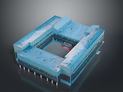Square Atrium Building With Blue Exterior Multi Storey Structure And Central Red Vehicle 3d model