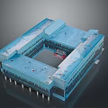 Square Atrium Building With Blue Exterior Multi Storey Structure And Central Red Vehicle