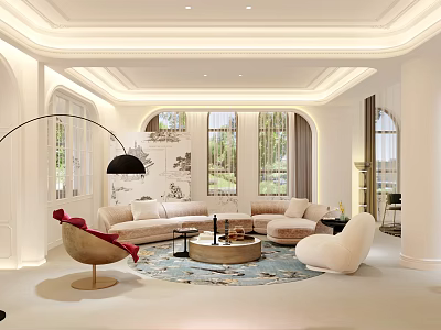 Bright Modern Living and Dining Room Interior Design With Large Windows And Comfortable Sofa 3d model