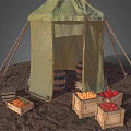 Green Camping Tent with Wooden Poles on Rocky Dirt Ground and Fruit Filled Crates