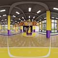 Vibrant Basketball Gym With Yellow Purple Pillars Court Floor White Lines Hoops And Wall Murals