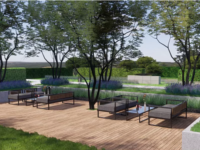 Tranquil Garden Landscape With Wooden Deck Outdoor Seating Trees And Lavender Plants 3d model