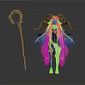 Fantasy Female Character With Ram Horns Long Hair Black Dress And Staff