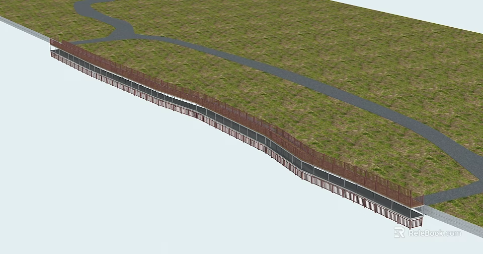 Beautiful Garden Landscape With Winding Path Green Lawn And Red Fence 3d model 