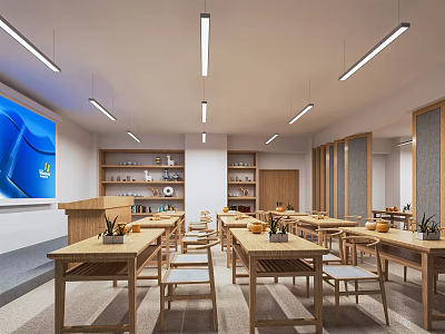 School Classroom Featuring Long Wooden Tables Wooden Chairs Large Screen Bookshelves And Minimalist Style 3d model