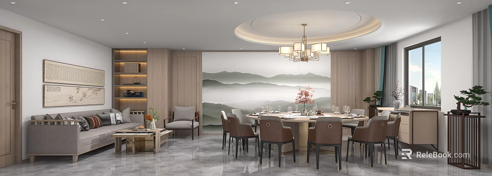 Private Dining Room With Mountain Mural Round Table And Chairs 3d model