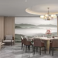 Private Dining Room With Mountain Mural Round Table And Chairs 3d model