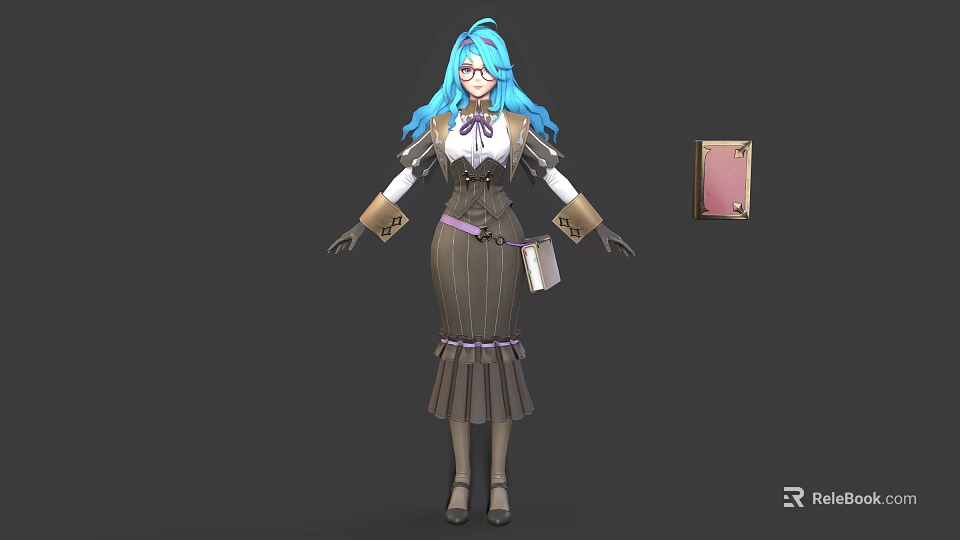 Anime Style Female Character With Blue Hair And Brown Dress Design 3d model 