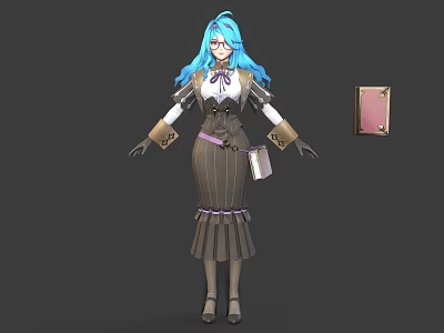 Anime Style Female Character With Blue Hair And Brown Dress Design 3d model
