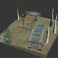 Model Scene With Green Vehicle Solar Panel Roof Building Grassy Ground And White Tree Trunks