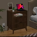 Wooden Bedside Table With Two Wavy Drawers Laptop Potted Plant And Picture Frame