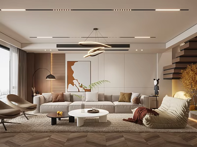 Modern Open Concept Living and Dining Room Interior With Sofa Coffee Table Rug and Chandelier 3d model