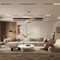 Modern Open Concept Living and Dining Room Interior With Sofa Coffee Table Rug and Chandelier