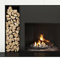 Modern Black Fireplace Interior Design With Burning Fire Wood Stack And Tools 3d model