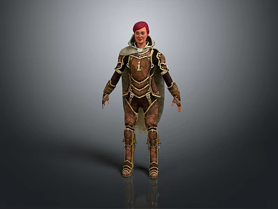 Red Haired Woman In Brown Decorative Armor With Gold Accents Standing On Gray Background 3d model