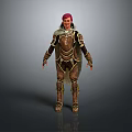 Red Haired Woman In Brown Decorative Armor With Gold Accents Standing On Gray Background