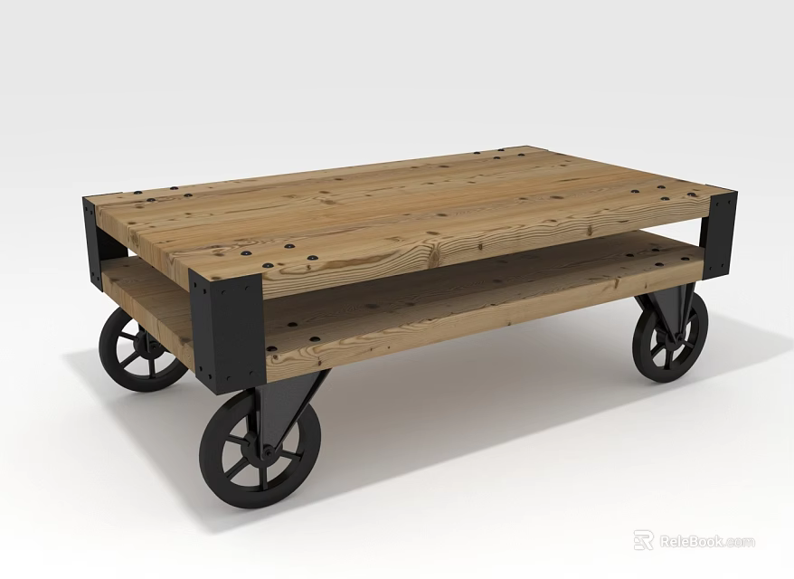 Rustic Wooden Cart With Two Shelves Black Metal Frame And Four Caster Wheels 3d model 