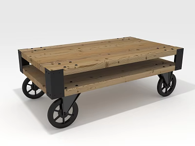 Rustic Wooden Cart With Two Shelves Black Metal Frame And Four Caster Wheels 3d model