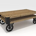 Rustic Wooden Cart With Two Shelves Black Metal Frame And Four Caster Wheels