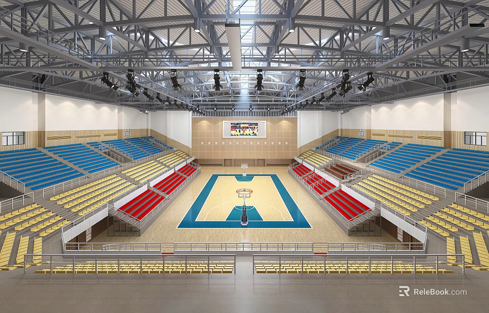 Modern Basketball Gymnasium With Blue Red Yellow Stands Basketball Court Metal Roof And Lighting 3d model 