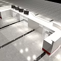 Modern White Reception Desk With Red Trim Wooden Wall Overhead Lights And Company Logo