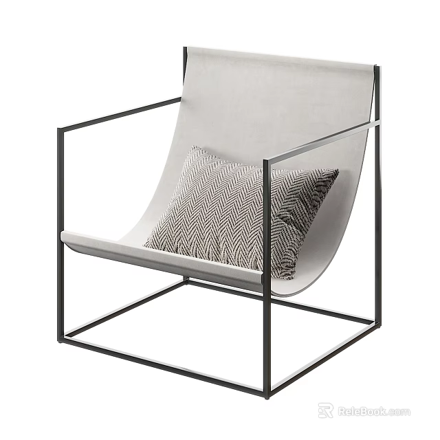 Modern Accent Chair With Black Metal Frame Light Gray Fabric Upholstery And Striped Cushion 3d model 