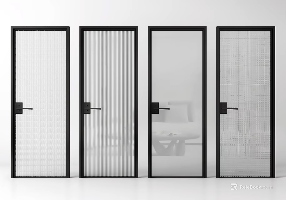Modern Interior Hinged Doors With Black Frame And Textured Glass Panels 3d model