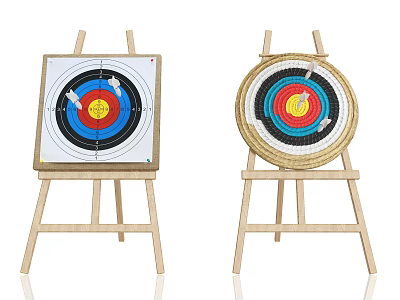 Archery Training Sports Equipment With Colorful Circular Targets On Wooden Stands 3d model