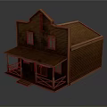 Wooden Western Style Two Story Building With Red Roof And Porch Railings
