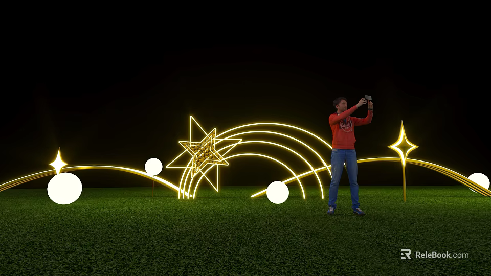 Illuminated Art Installation With Star Rainbow Shapes And Round Lights On Green Grass 3d model 