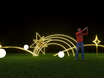 Illuminated Art Installation With Star Rainbow Shapes And Round Lights On Green Grass 3d model