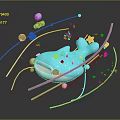 Blue Fish Shaped Creature With Colorful Circles Stripes Stars And Reflection On Dark Background