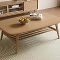 Modern Minimalist Wooden Coffee Table With Fruit Bowl Books And Cup On Woven Rug