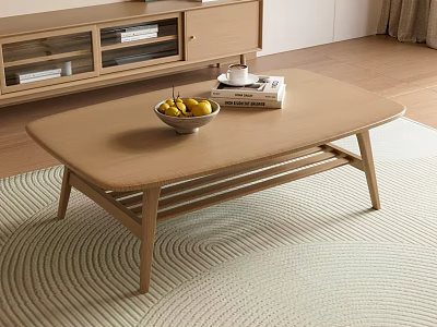 Modern Minimalist Wooden Coffee Table With Fruit Bowl Books And Cup On Woven Rug 3d model