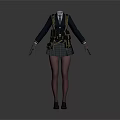 Woman In School Uniform With Pleated Skirt Black Stockings Tactical Vest And Long Sleeve Coat