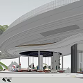 Modern Urban Plaza Landscape With Curved Roof Glass Railing Green Plants And Cone Structures