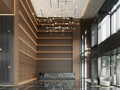 Modern Luxury Lobby Front Desk With Wooden Walls Marble Counter Chandeliers And Floor to Ceiling Windows 3d model