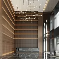 Modern Luxury Lobby Front Desk With Wooden Walls Marble Counter Chandeliers And Floor to Ceiling Windows