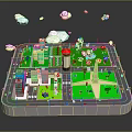 Cartoon City Model Scene With Green Grass Trees Buildings Clouds Roads And Cars