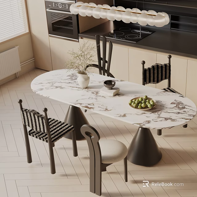 Modern Dining Table Set With Marble Top Chairs Vase And Fruit Bowl 3d model 